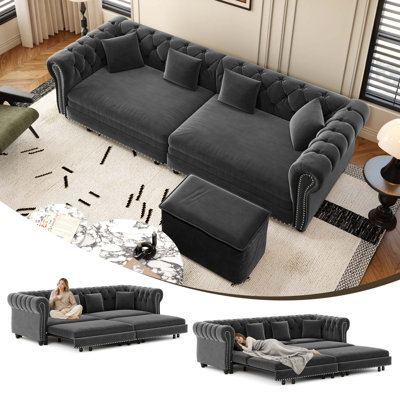 Tufted Velvet 3-in-1 Convertible Sofa Bed with Movable Ottoman