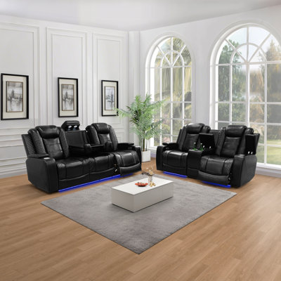 2-Piece Breathing Leather Power Recliner Sofa Set With LED Light,Wireless Charging Station,Reading Light,And Storage Armrest