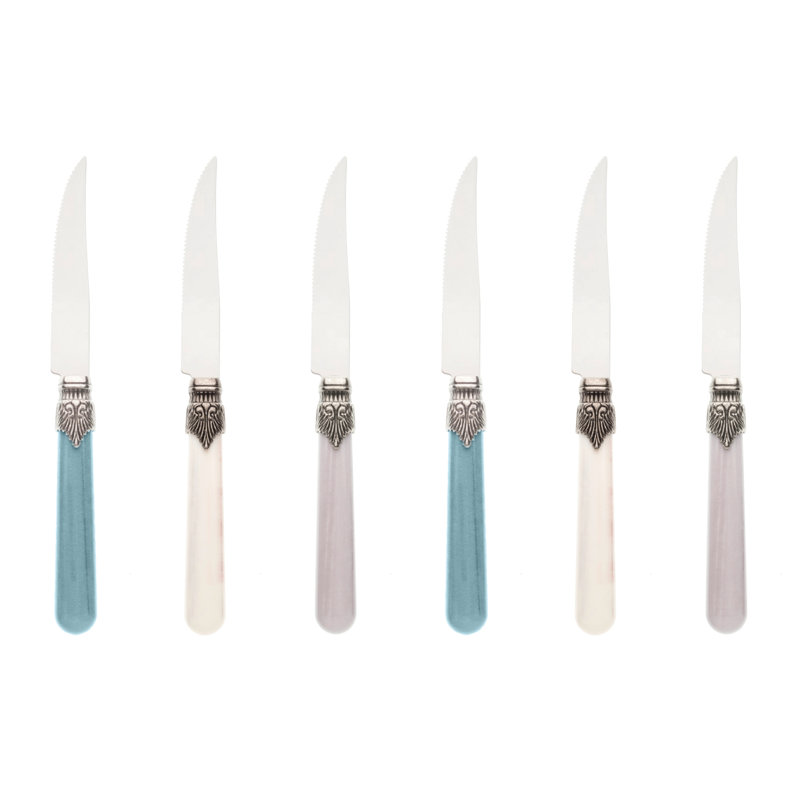 Bloomsbury Market Garlough 6 Piece Stainless Steel Steak Knife Set, Blue/Ivory/Light Grey