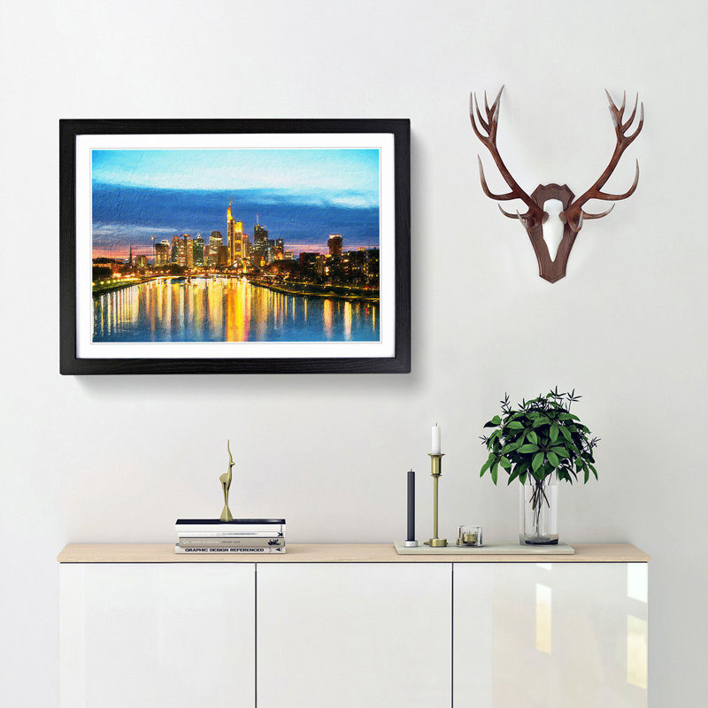 Reflections of the Frankfurt Skyline - Picture Frame Painting Print, 48cm H x 65cm W x 2cm D, Black Framed