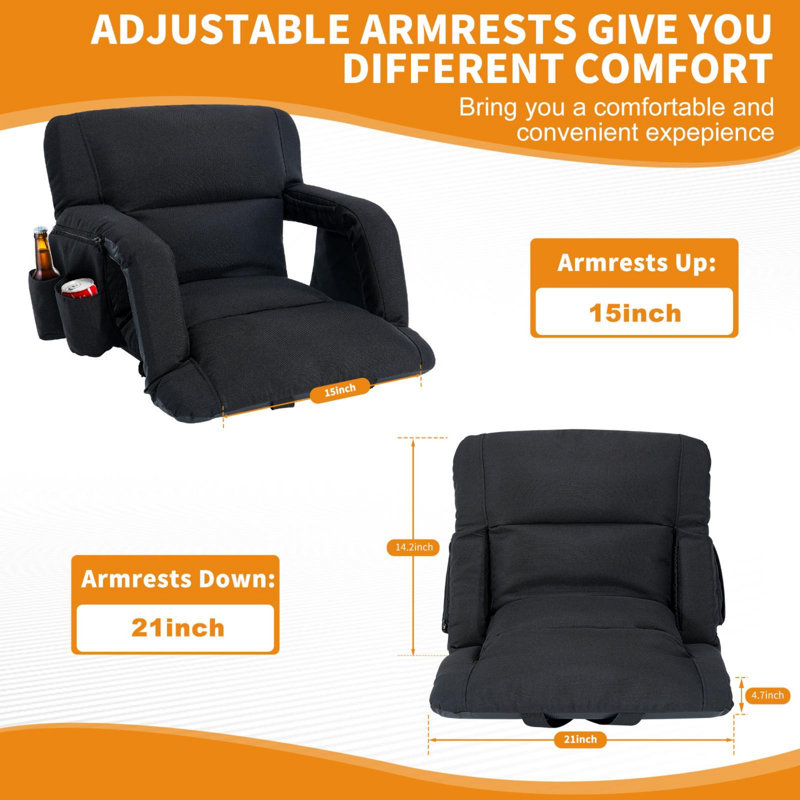 Wide Stadium Seats With Back Support Armrests And Comfy Cushion For Sport Events Camping, 14.2" H x 21" W x 14.2" D