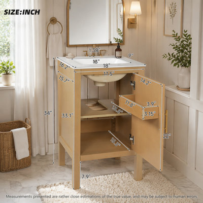 Armoire de salle de bain 18 po avec rangement, solution pour petit espace avec lavabo en céramique, tablette réglable