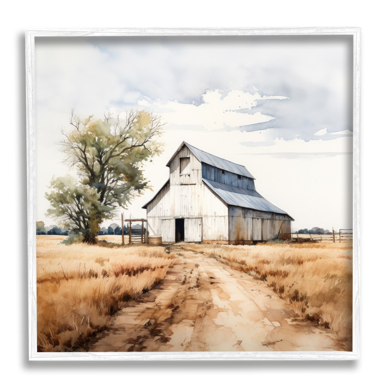 «Farmhouse Barn Landscape» par Ray Powers, H 24 po x l 24 po x P 1,5 po, Giclée encadrée blanc bord de mer