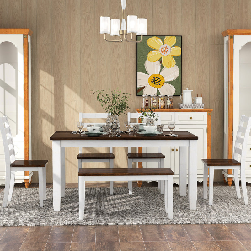 Stylish 6 Dining Table , Walnut + Cottage White, 4 Chairs & Bench, Ergonomic Design, Solid Wood Veneer Rustic And Chair 6, Walnut+cottage Natural Look,