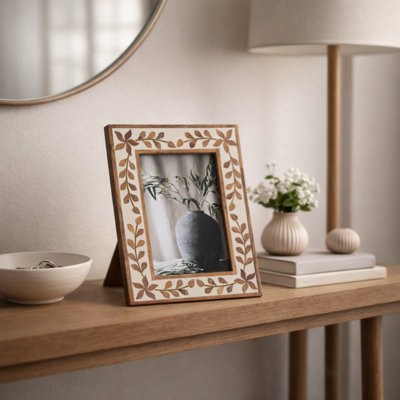 Decorative Picture Frame with Wood Inlay for Home Decor - Floral Pattern Photo Frame for Living Room and Entryway Display - White & Brown