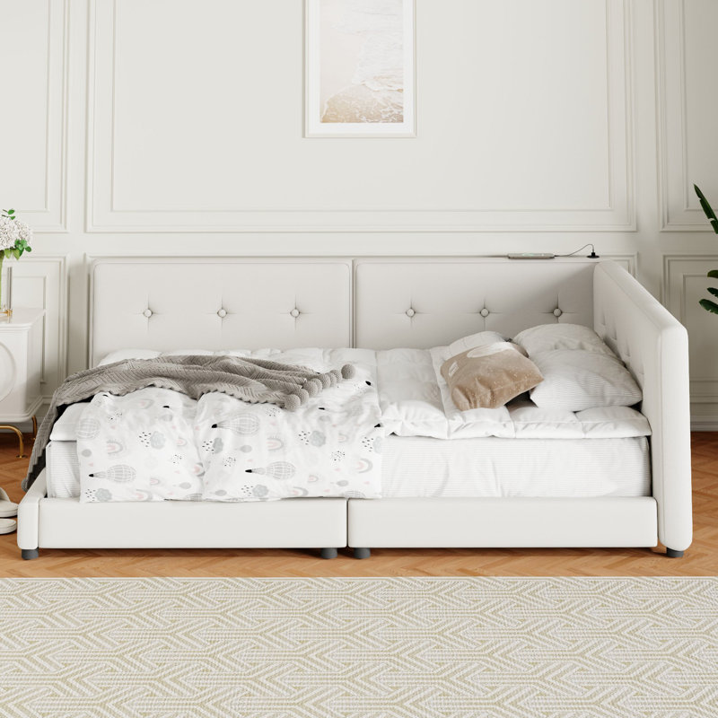 Lit plateforme tapissier avec ports USB, Queen, Beige