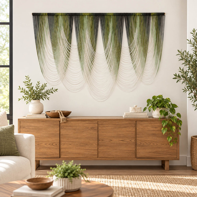 Dip-Dyed Green Macrame Wall Hanging with Wooden Rod