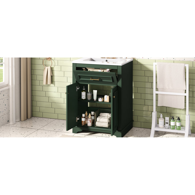 Meuble-lavabo de 24 po avec lavabo en céramique, 2 portes, 1 tiroir basculant, rangement spacieux, style contemporain, assemblage simple avec armoire à 2 portes, look, mécanisme,