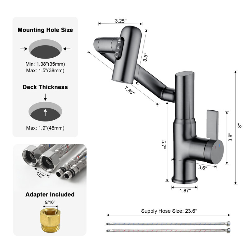 Lefton Rotatable Bathroom Faucet Bf2204 With Pop-up Sink Drain Stopper Without Overflow D01, Gray