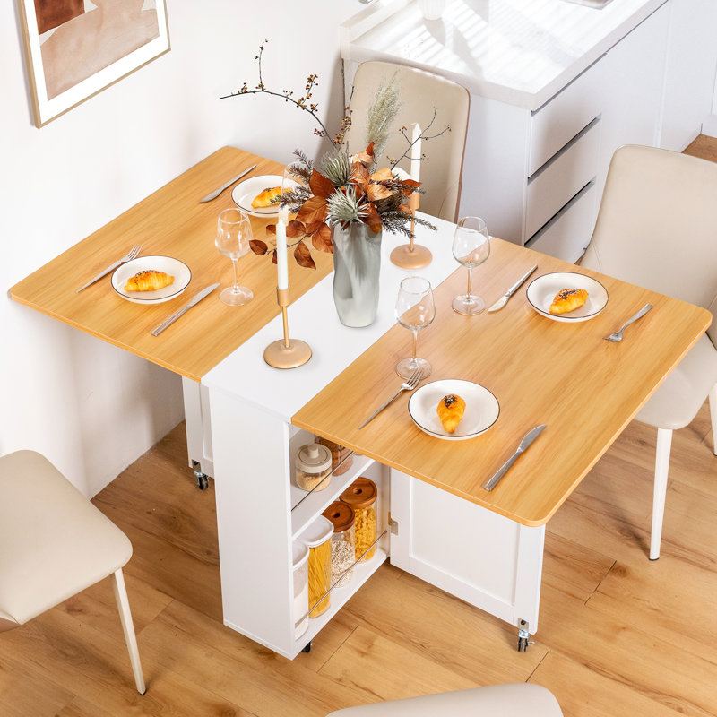  Vuyo Folding Dining Table, Drop Leaf Dining Table With 6 Wheels And 2-Layer Storage Shelf, Space Saving Dining Table For Small Spaces,Folding Kitchen Table