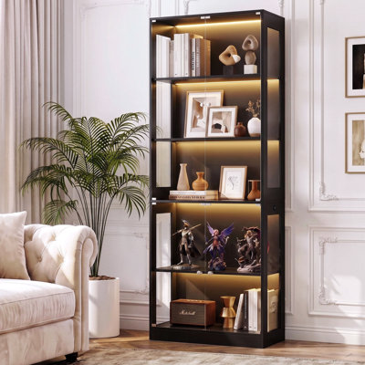 Vitrine à DEL avec capteur 3 couleurs, bibliothèque à 5 niveaux avec porte vitrée, bibliothèque de collection mince pour le salon