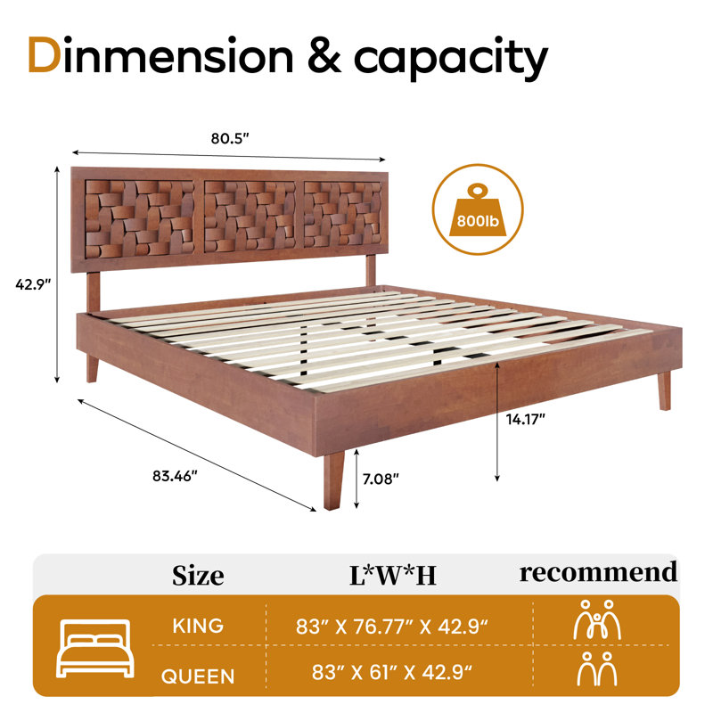Solid Rubber Wood Dark Walnut Bedframe No Box Spring Needed,800lbs Capacity, Dark Walnut, King