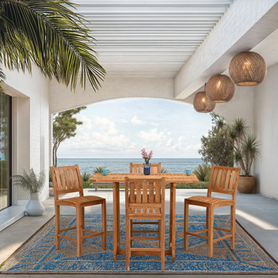5 Piece Teak Wood Bistro Bar Set Including 55" Rectangular Hatteras Folding Table And 4 Abacho Barstools