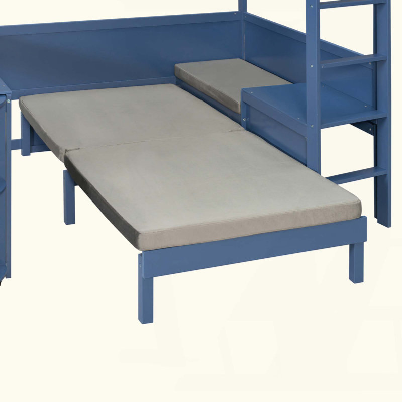 Lit mezzanine en bois avec bureau, tablette de rangement de chevet, canapé et lumière, Navy Blue