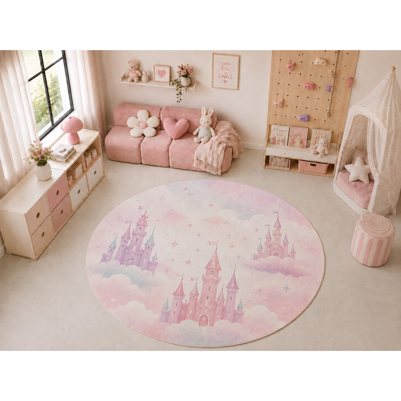 Tapis rond « ultra-fin » 180 x 180 cm, motif de château de princesse et nuages, doux et léger, idéal pour la chambre d'enfant, la crèche, la salle de jeux, le salon et la décoration intérieure.