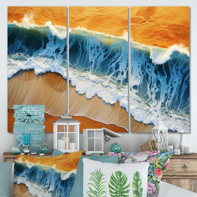 Vue aérienne de la plage bleue et orange I - art mural plage, Toile tendue, H 32 po x l 48 po x P 1 po