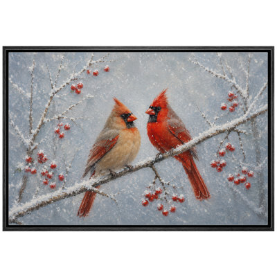 Red Cardinal Pair on Frosted Berry Branch Framed Canvas Master Bedroom Wall Art Work Print