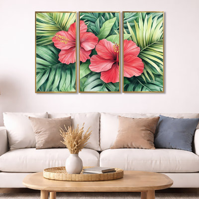 Tropical Flower Canvas, Hibiscus Wall Art - Tropical Hibiscus And Palms 3 Piece Framed Canvas Wall Art Set Modern Tropical Decor