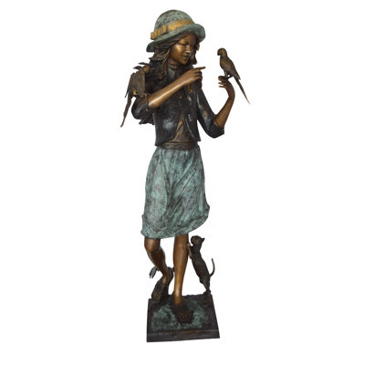 Statue debout de fille debout avec des perroquets en bronze, superbe œuvre d'art pour la décoration intérieure L 15 po x l 16 po x H 41 po