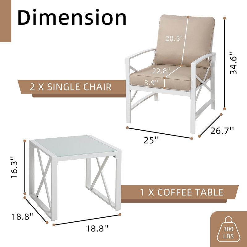 3 Piece Outdoor Bistro Set Metal Frame Table Modern Patio Dining Furniture For Small Space, Khaki