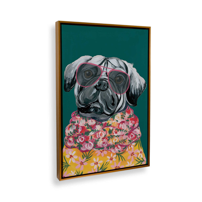 «Smug Pug» par Yvette St. Amant, reproduction d'art, H 32 po x l 24 po, Cadre flottant, Doré