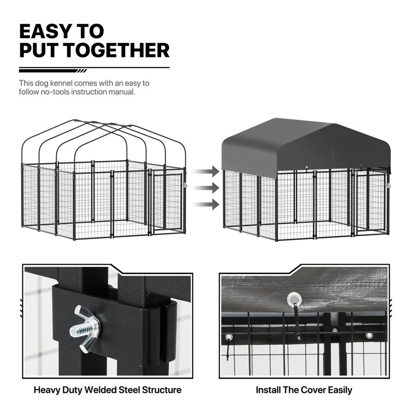 Large Black Steel Outdoor Dog Kennel with Waterproof Cover
