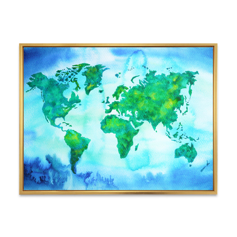 «World Map Blue Green Tone», reproduction sur toile, H 30 po x l 40 po x P 1,5 po, Cadre flottant doré