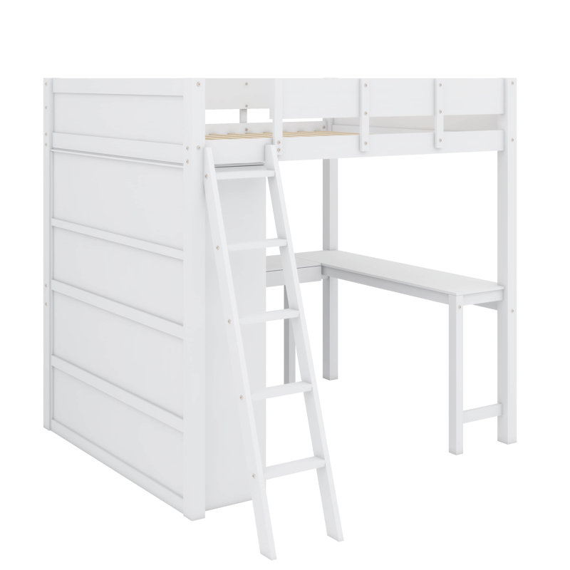 Lit mezzanine double en bois avec bureau et tablette, Blanc