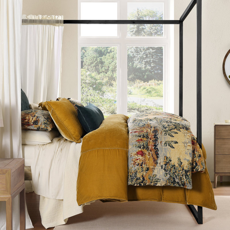 Provence Washed Linen Gold Yellow Victorian Print Shabby Elegance Duvet Cover Set with Pillow Shams