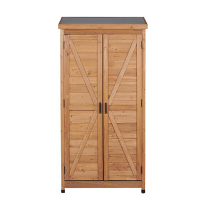 Tall Vertical Outdoor Wooden Storage Shed with Metal Top - Perfect for Backyard Garden