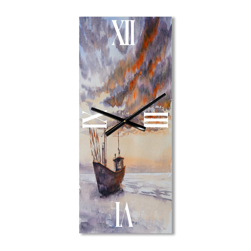 Horloge murale nautique et côtière, bateau de pêche en bois sur la côte baltique, Petit