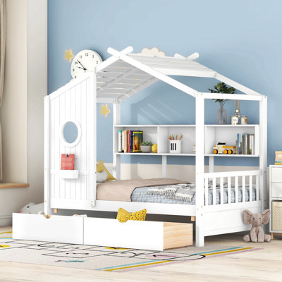 Lit en bois avec 2 tiroirs, lit pour enfant avec tablette de rangement