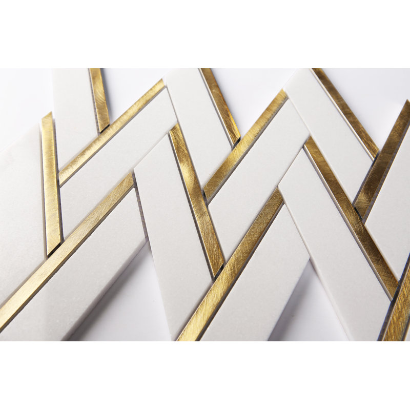 Thassos White and Gold Metal Large Herringbone / Chevron Mosaic Floor Tile