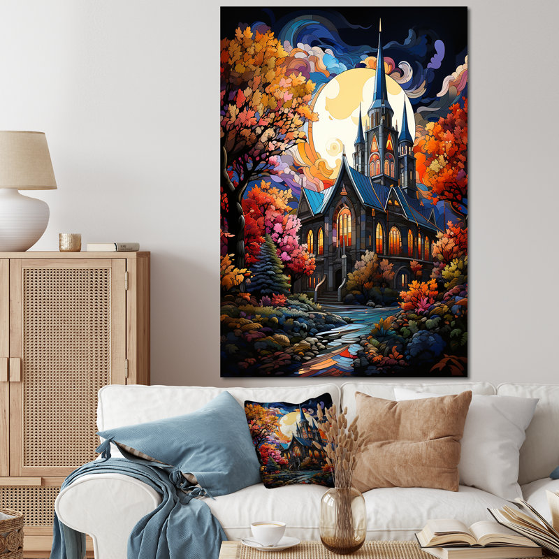 Pop Art Curch At Moon Landscape II - Église, art mural, Toile tendue, 40" H x 30" W