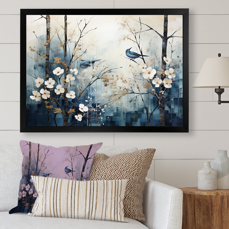 «Blue and White Forest Winter Harmony I», art mural sur toile, H 12 po x l 20 po x P 1 po, Cadre simple noir