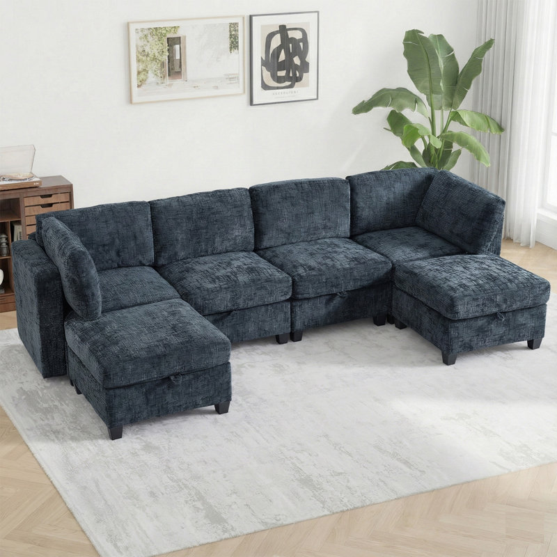 128" Oversized Modular Sectional Sofa with Storage & Removable Covers, Convertible U-Shape, L-Shape & Sleeper Configuration, Modern 6-Seater Couch with Movable Ottoman