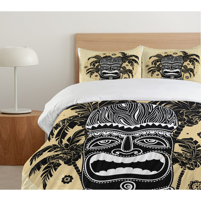 Tiki Bar Queen Size Brown White Microfiber Duvet Cover Set