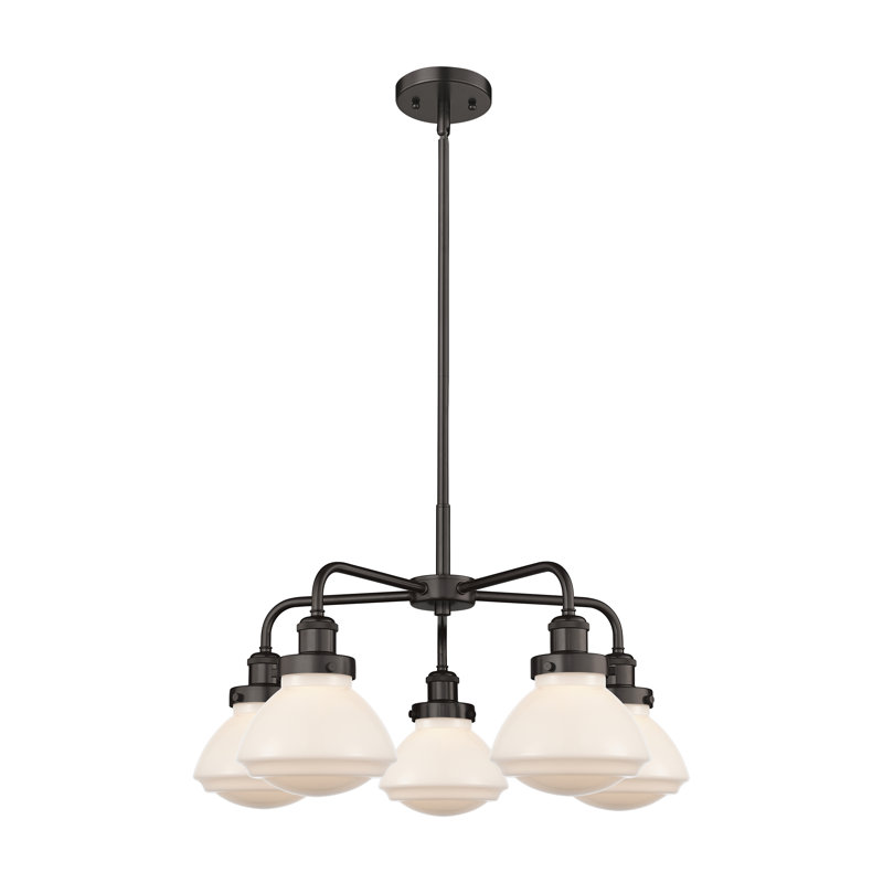 Lustre cloche en verre à 5 lumières Almarosa, Blanc mat, Bronze huilé