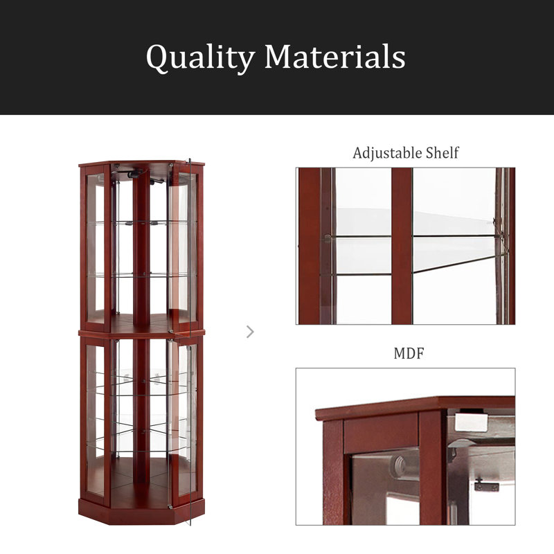 6 Shelf Corner Curio Display Cabinet With Lights, Mirrors And Adjustable Shelves(E26 Light Bulb Not Included), Cherry