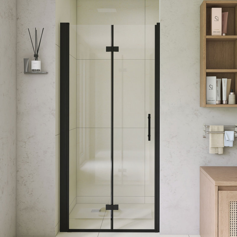 36" W × 72" H Bifold Shower Door – Matte Black Aluminum Frame,1/4"(6Mm) Tempered Glass With Explosion-Proof Film, Stainless Steel Handle, Modern Minimalist Design
