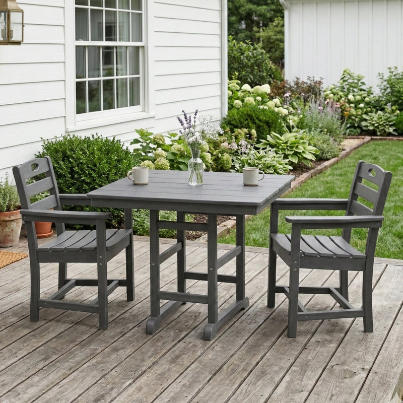 3-piece Outdoor Patio Dining Set – Square Table & 2 Armchairs – Durable Hdpe Material – For Patio/balcony/garden, Gray