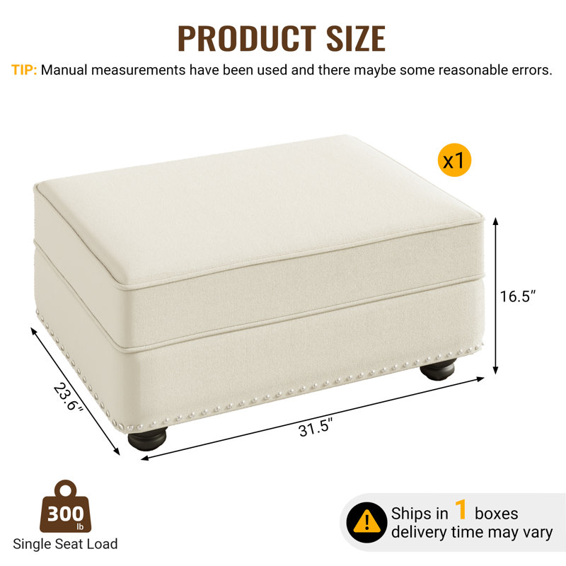 Tabouret de repose-pieds en velours multi-usages, repose-pieds en éponge durable avec structure en bois massif robuste, conception de canapé modulaire et mobilier d'appoint à assemblage rapide - blanc beige