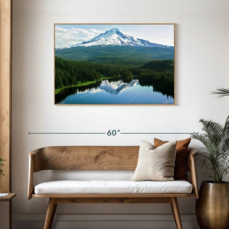 Mount Hood Lake Reflection, Floating Frame Natural Wood, 43" X 29"