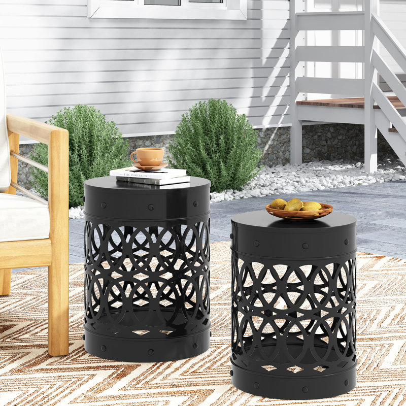 Outdoor Metal Side Table - Black Iron End Tables With Elegant Pattern, Powder-Coated Frame, No Assembly Modern For Garden Decor