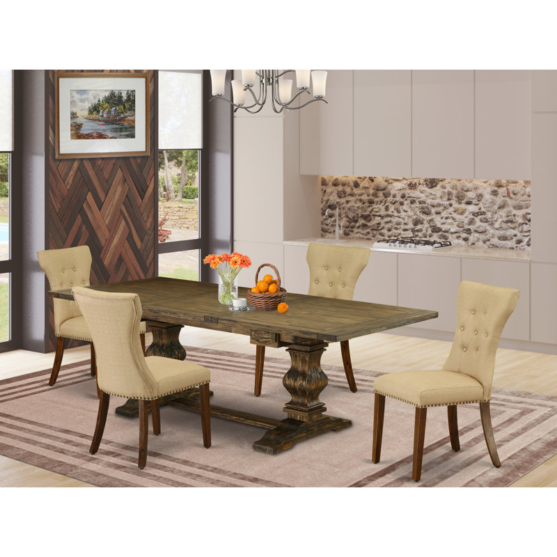 L'ensemble de 5 pièces pour coin-repas pour 4 personnes comprend une table de salle à manger rectangulaire avec rallonge amovible et 4 chaises rembourrées en tissu brun, jacobin vieilli