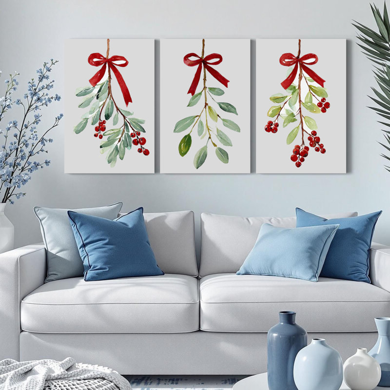 Ensemble de 3 tableaux sur toile avec gui et ruban rouge, pour la décoration murale de Noël., H 18 po x l 36 po