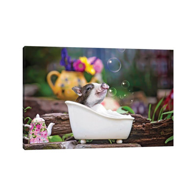 Piglet Bubble Bath by Karen Burke - Print on Canvas