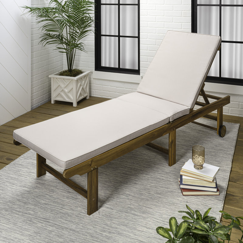 Mallorca Contemporary Acacia Wood Outdoor Chaise Lounge Chair with Beige Cushion and Wheels, Adjustable Teak Brown Recliner for Patio, Poolside