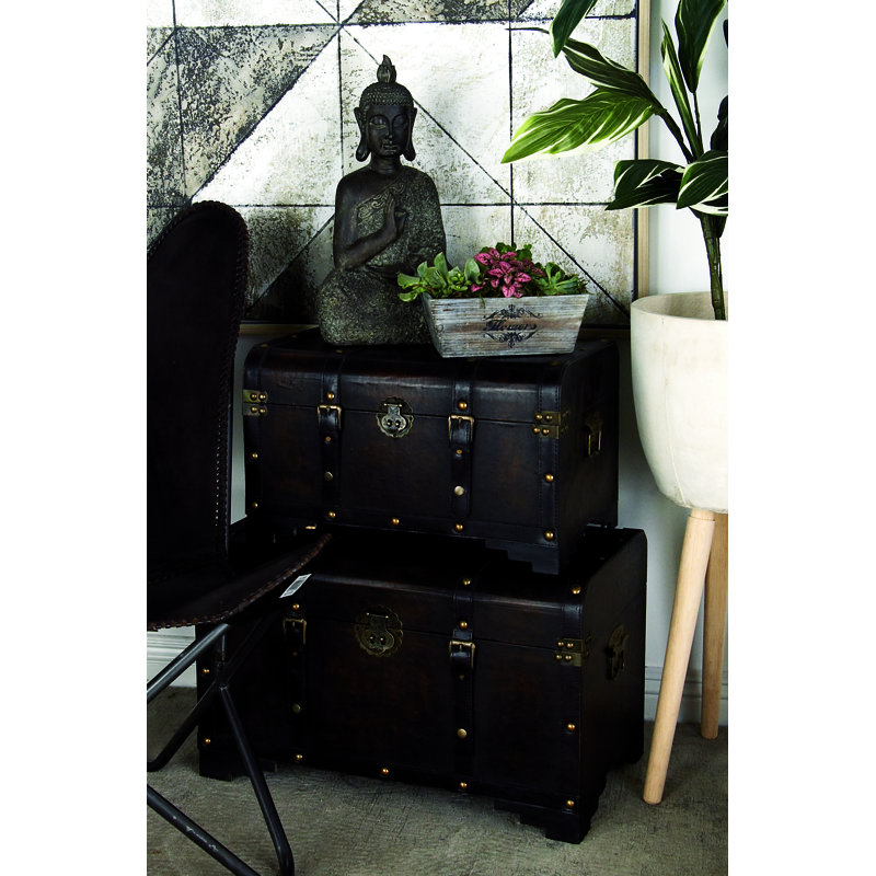 Dark Brown Burks Wooden Nesting Upholstered Decorative Trunk with Vintage Accents and Studs Set