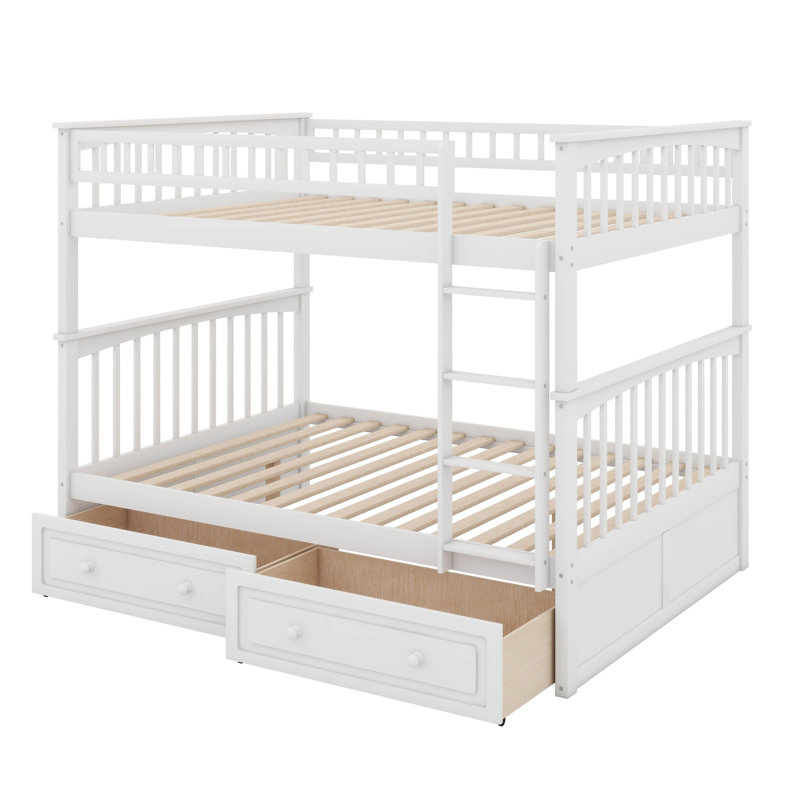 Bunk Bed, Solid Wood With Two Storage Drawers, Convertible Into Two Full Size Daybeds, White, Full over Full
